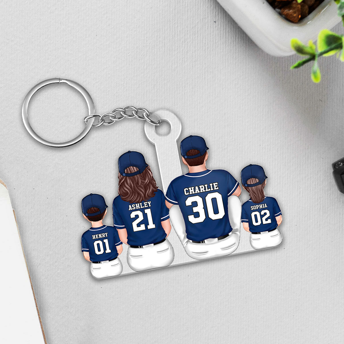 Baseball Family Sitting Personalized Acrylic Keychain, Father's Day Gift For Dad, Grandpa, Husband