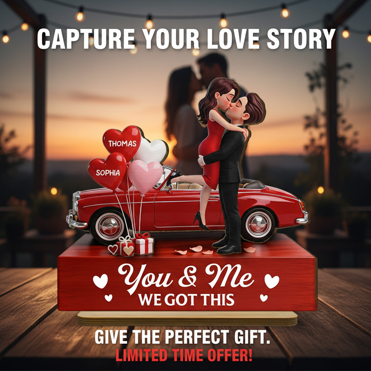 Valentine Car Romantic Couple Hugging Kissing - Personalized 2-Layered Wooden Plaque - Valentine's Day Gift For Couple