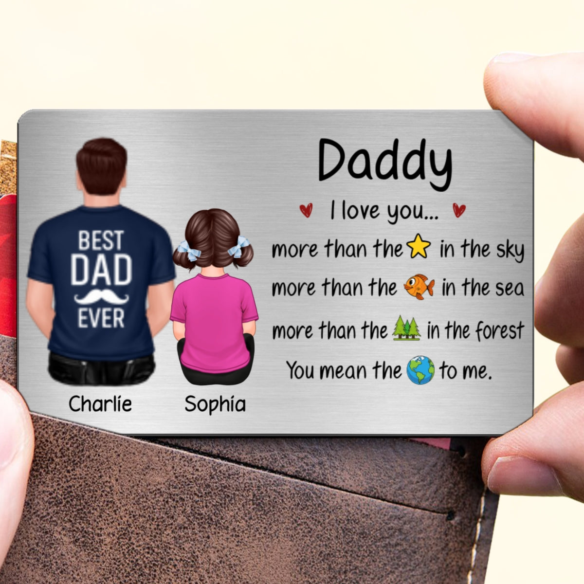 We Love You More Dad & Kids Back View Personalized Metal Wallet Card