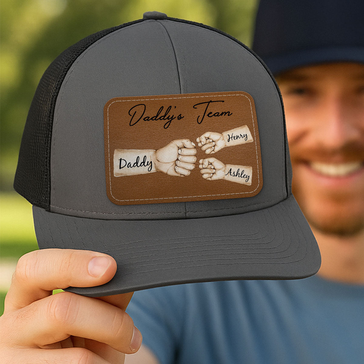 Daddy's Team Fist Bump Personalized Leather Patch Hat, Trucker Cap| Cool Father's Day Gift For Dad, Husband