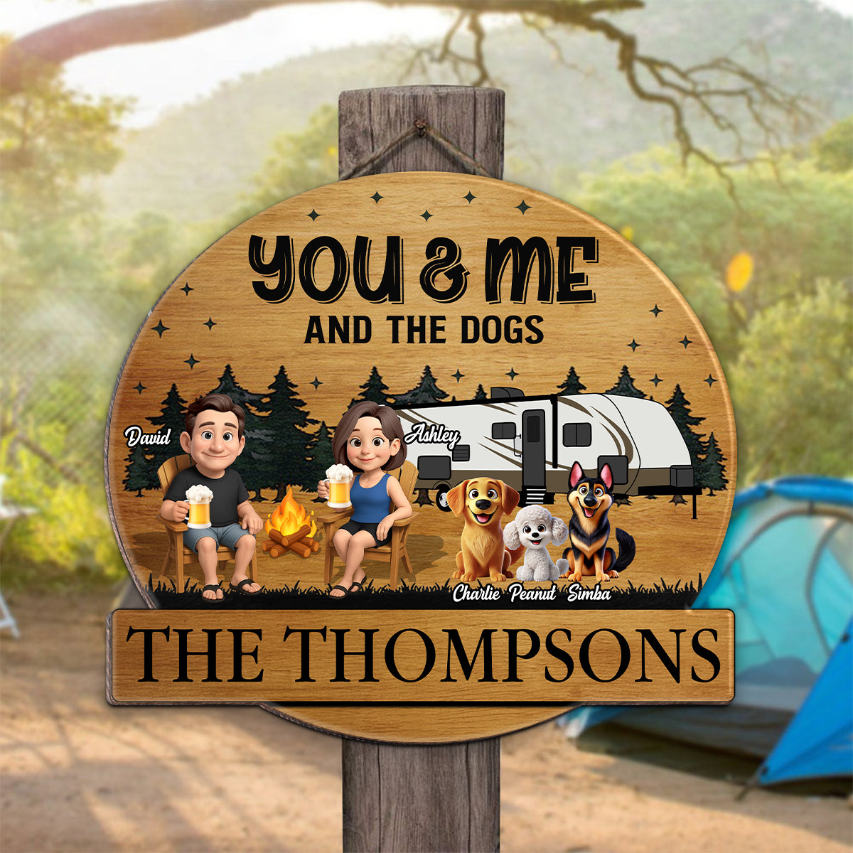 Camping Couples and the Dogs Cats Personalized Wood Sign, Anniversary, Vacation, Funny Gift For Campers
