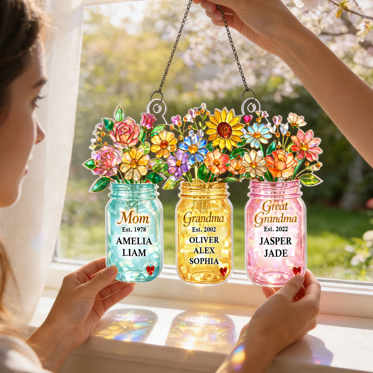 Mom Grandma Greatgrandma Flower - Personalized Acrylic Window Hanging - Heartfelt Gift for Mom, Grandma
