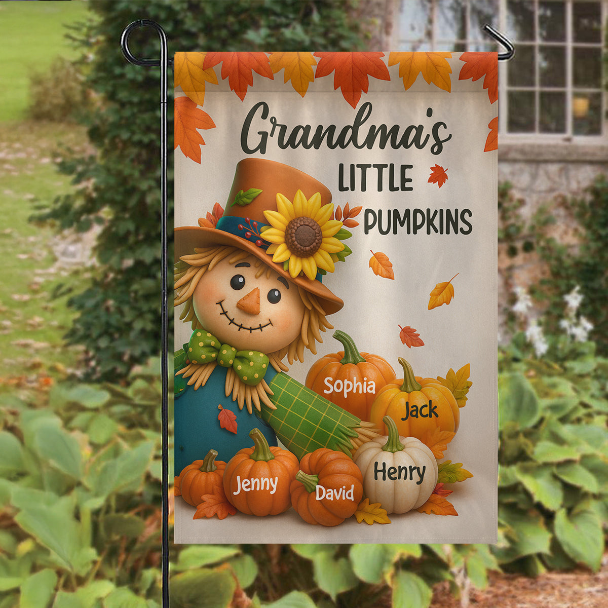 Grandma's Pumpkin Patch Scarecrow Personalized Garden Flag, Cozy Fall Decor for Grandma