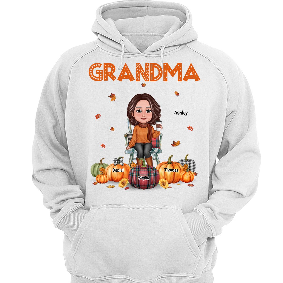 Fall Season Grandma Mom Sitting On Chair Pumpkins Personalized Shirt