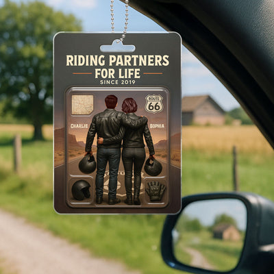 3D Effect Custom Figure Couple Bikers Riding Partners For Life Personalized Acrylic Car Hanger