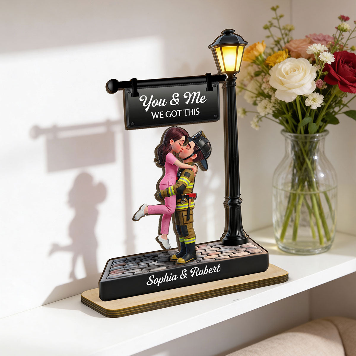 Proud Hero Couple Under Lamp Post - Personalized 2-Layered Wooden Plaque - Valentine's Day Gift For Couple, For Him, For Her, Nurse, Police, Firefighter, Army
