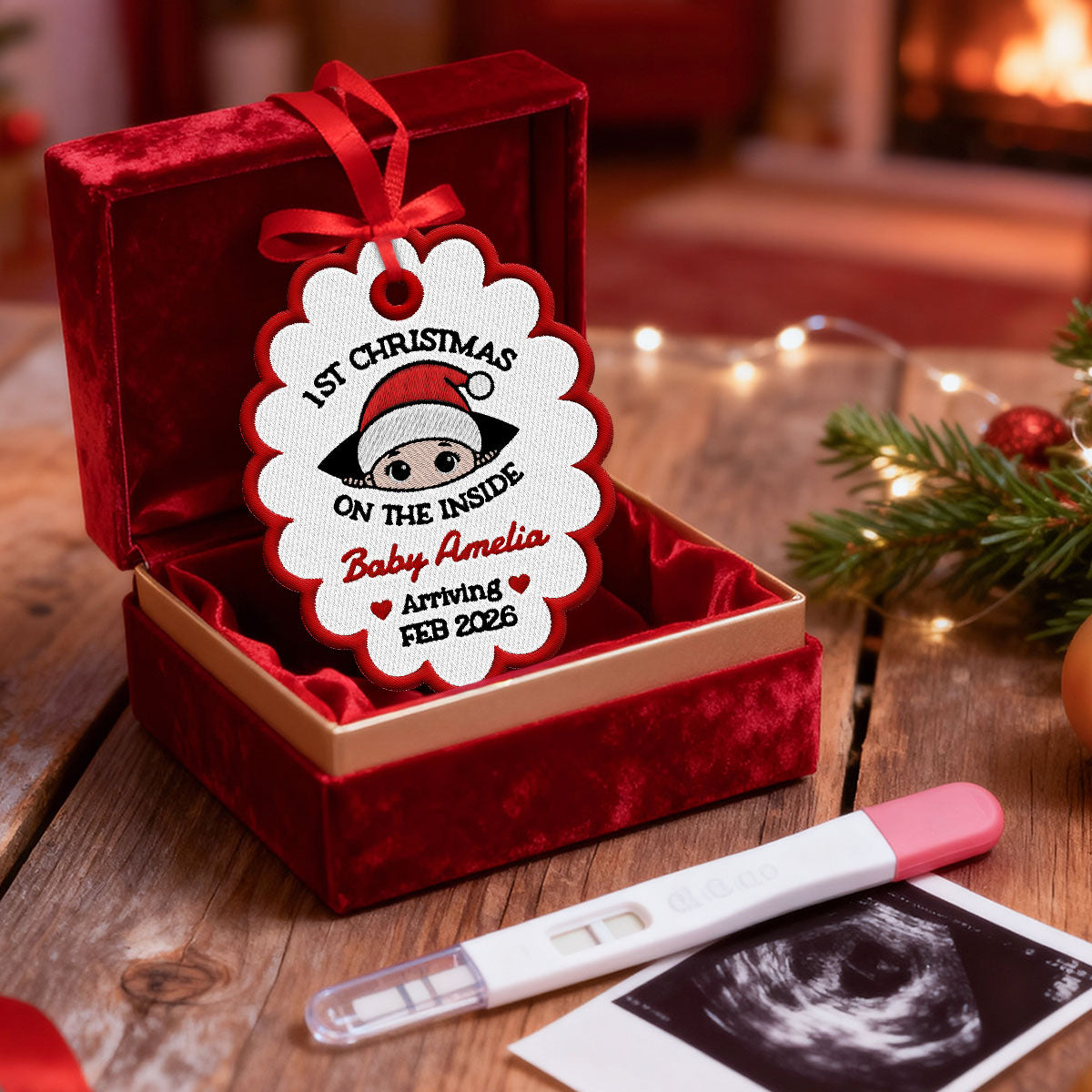 Baby 1st Christmas On The Inside - Personalized Embroidered Ornament - Custom Pregnancy Reveal Ornament, Expecting Parents