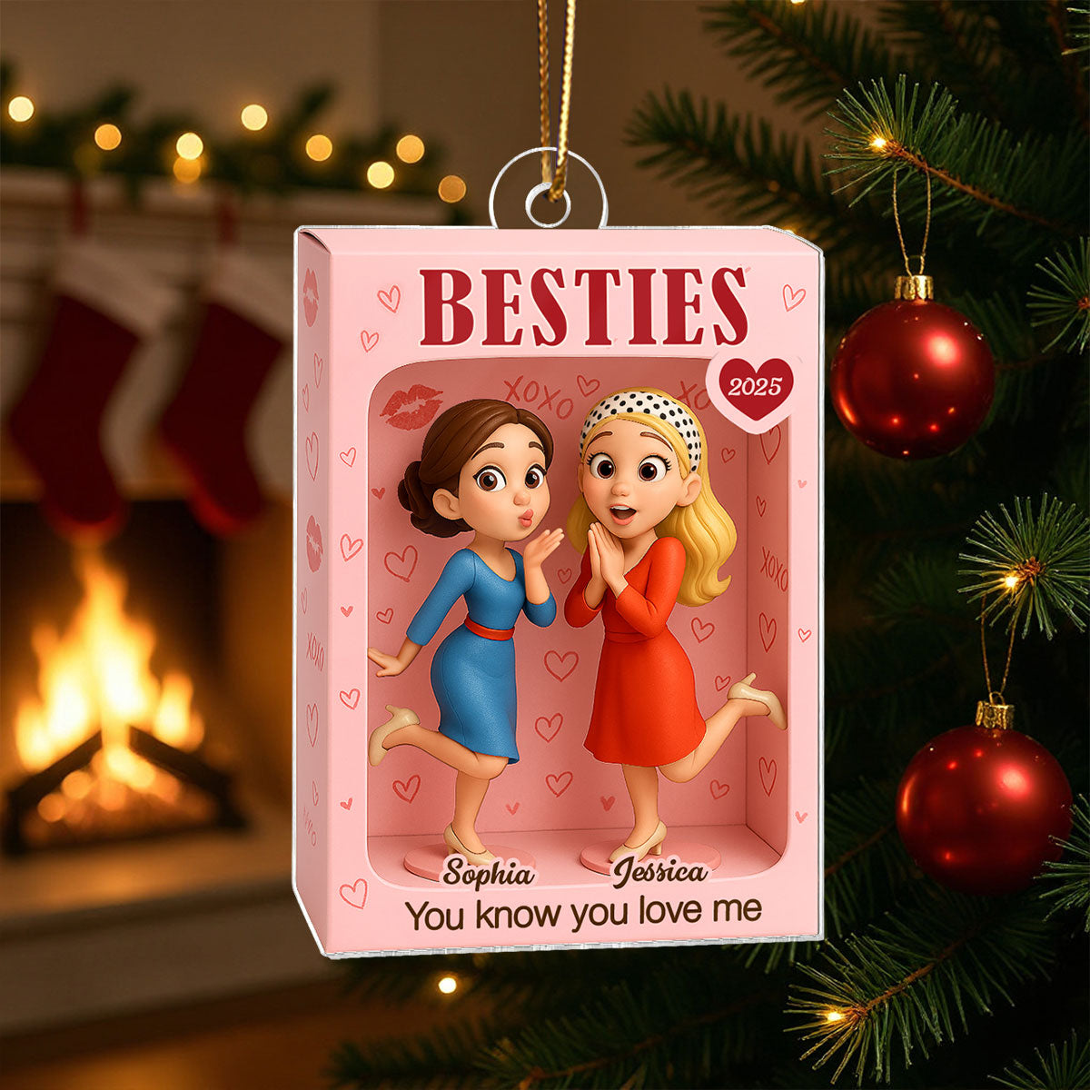 Besties XOXO Pretty Girls Toy Box Style - Personalized Acrylic Ornament - Christmas Gift For Best Friends