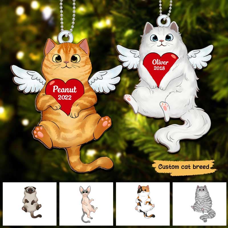 Fluffy Cat Memorial Angel Wings Personalized Wooden Ornament