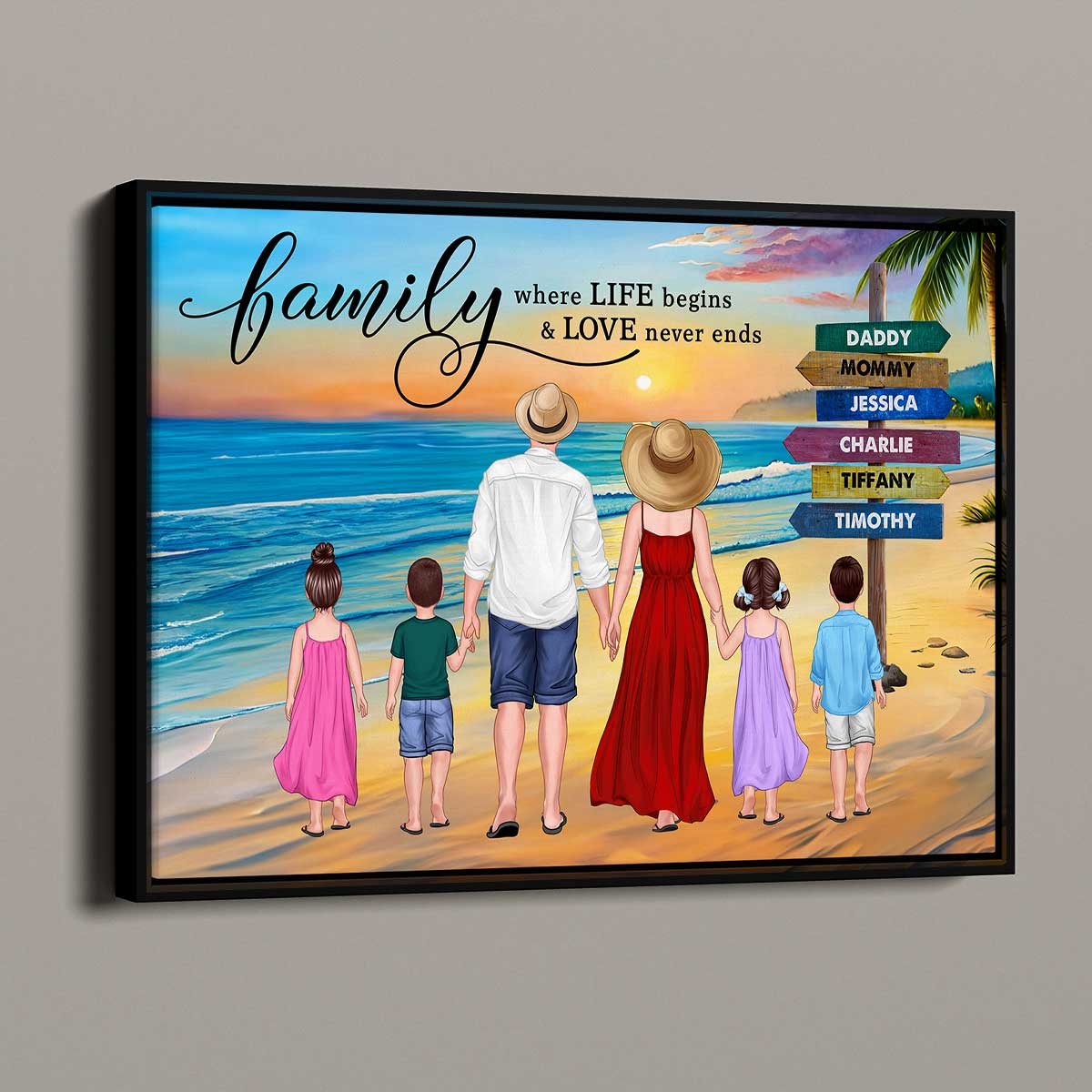 Family Summer Standing Back View Beach Sign Personalized Horizontal Poster