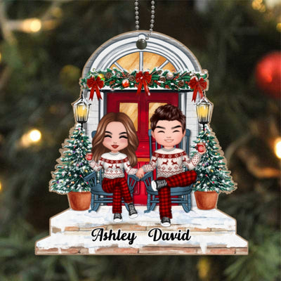 Doll Couple Sitting Christmas Front Porch Personalized Wooden Ornament