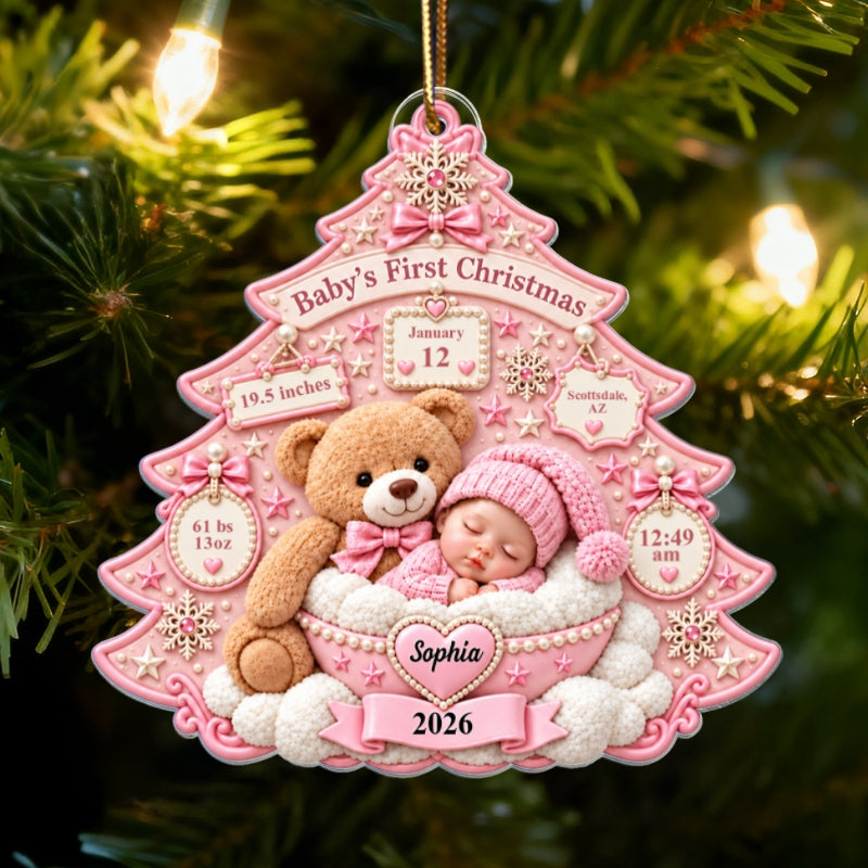Baby's First Christmas Teddy Bear Tree - Personalized Acrylic Ornament – Custom Newborn Birth Stats Keepsake, First Christmas Gift for Baby Boy & Girl