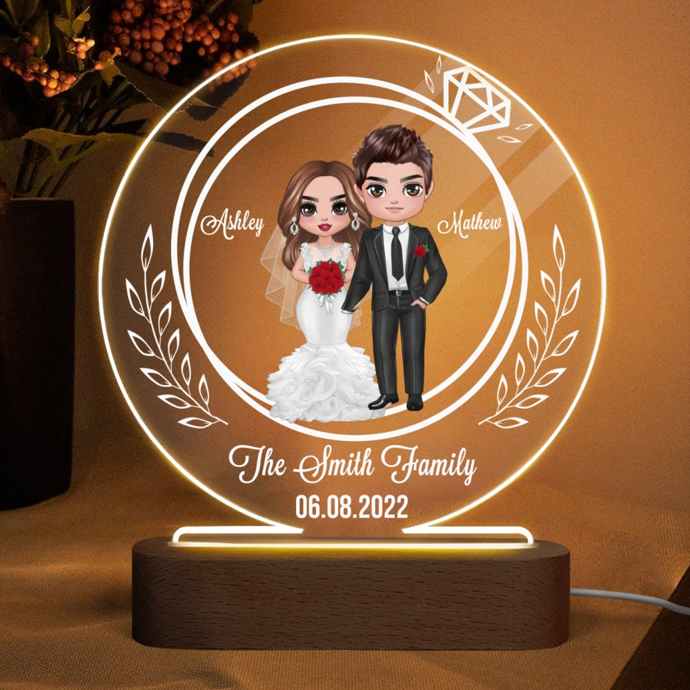 Groom Bride Couple Ring Personalized Circle Plaque LED Night Light - Wedding Anniversary Gift