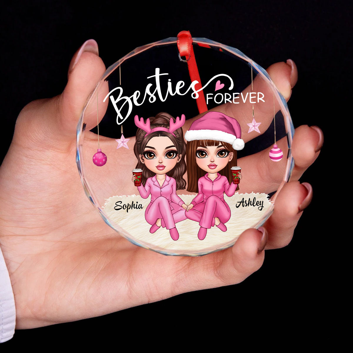 Besties Forever Pink Clothes Y2K Best Friends Personalized Glass Ornament, Friendship Christmas Gift