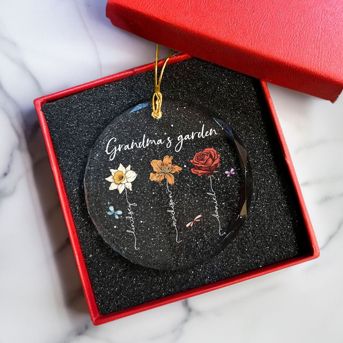 Grandma's Garden Personalized Glass Ornament, Christmas Gift For Grandma Granddaughter Grandson
