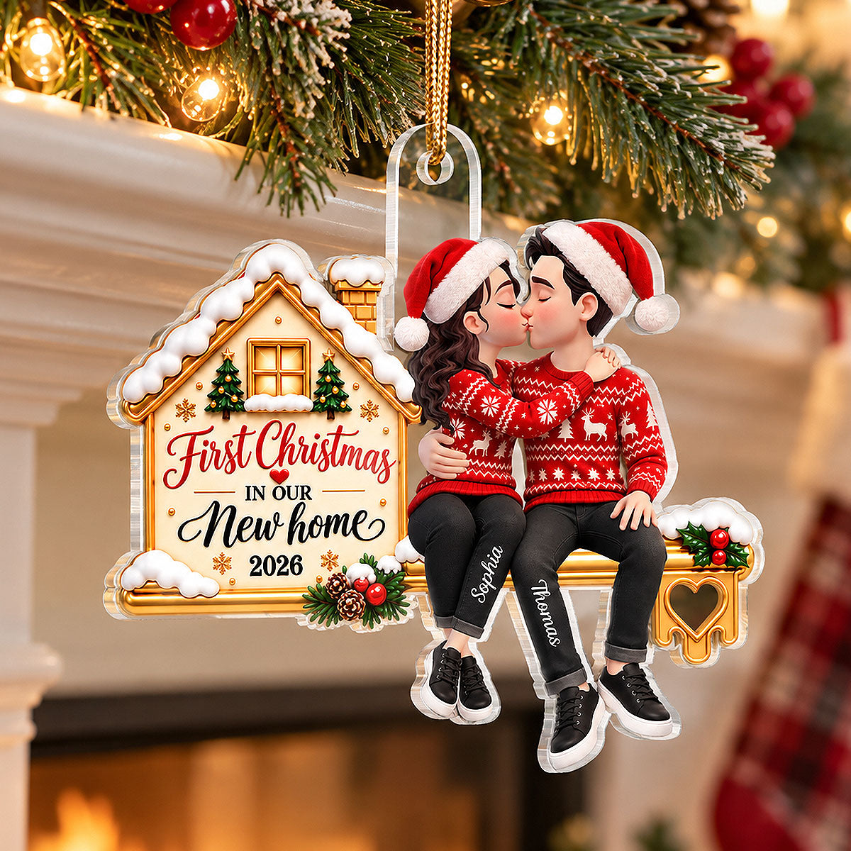 First Christmas In Our New Home Couple Kissing 2D Flat - Personalized Acrylic Ornament