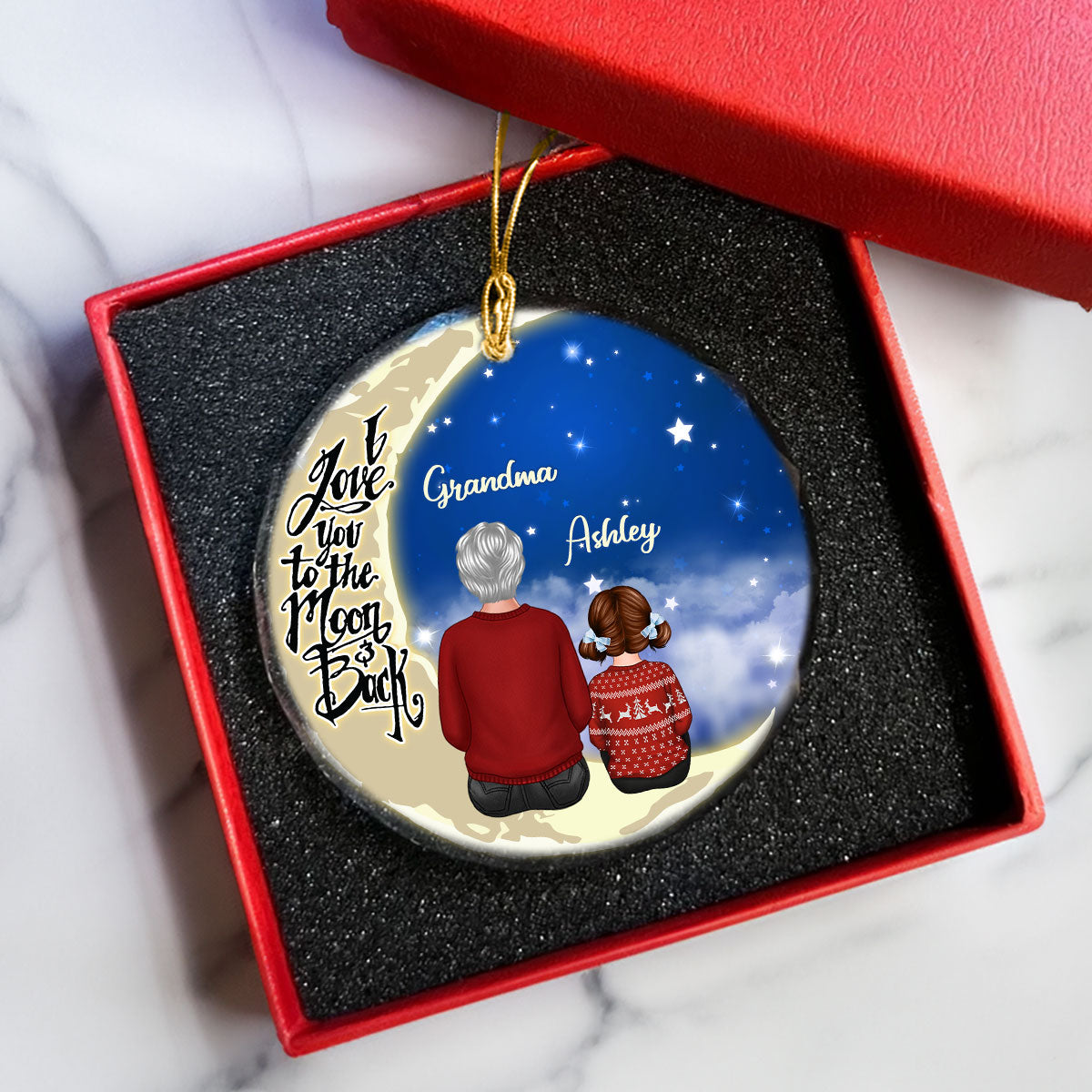 Grandma Grandkids On Moon Personalized Glass Ornament, Christmas Gift for Grandkids, Granddaughter Grandson, Gift for Grandma