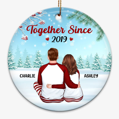 Pajamas Back View Couple In Snow Personalized Circle Ornament