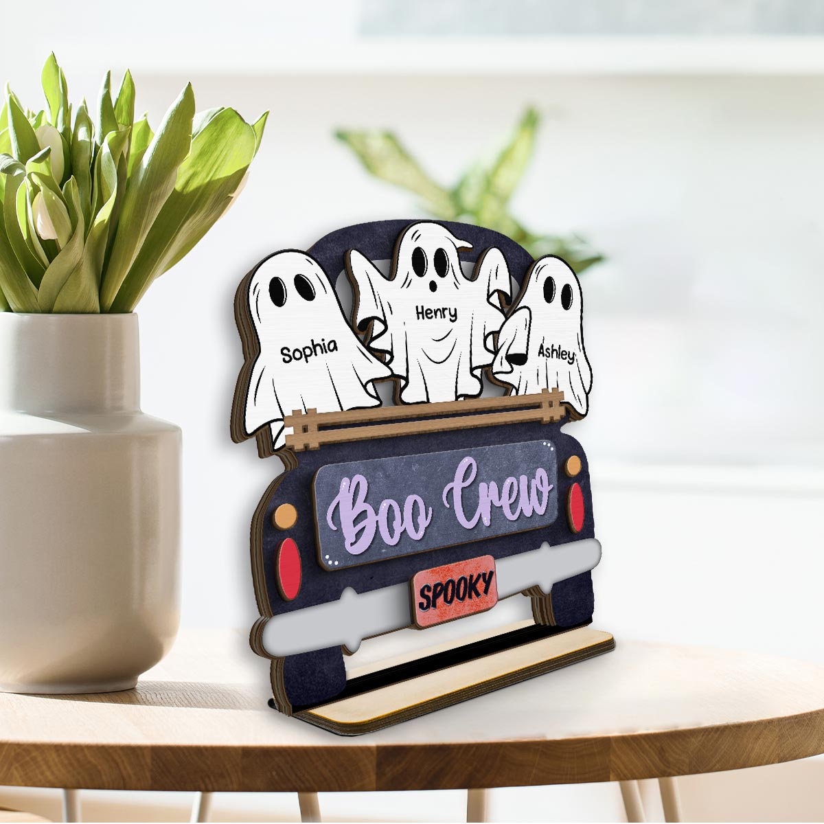 Boo Crew Farmhouse Truck The Ghost Family Halloween Tabletop Tier Tray Decor Personalized 2-Layer Standing Wooden Plaque