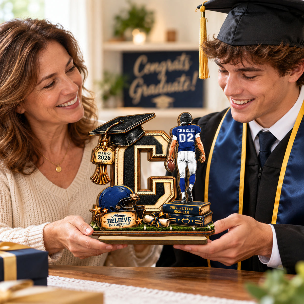 Football Graduation Custom Initial - Personalized 2-Layered Wooden Plaque - Class of 2026 Senior Gift, Christmas Gift for Son, Grandson, for Him