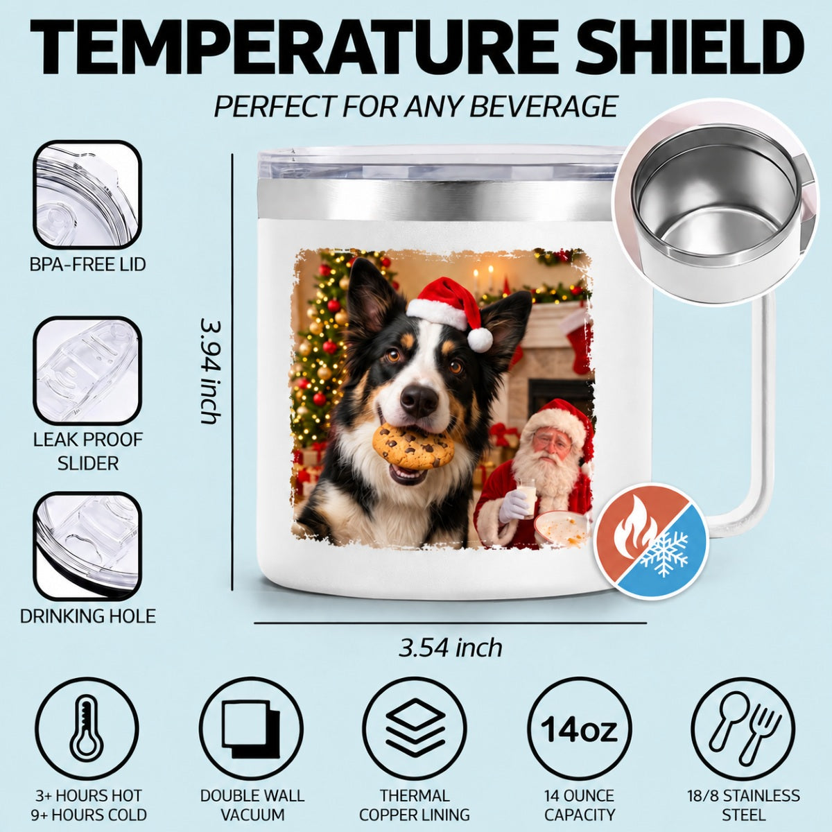 Dog Cat Steal Cookie From Santa Upload Pet Photo - Personalized Stainless Steel Tumbler With Handle - Funny Christmas Gift For Dog Lovers, Cat Lovers, Pet Lovers