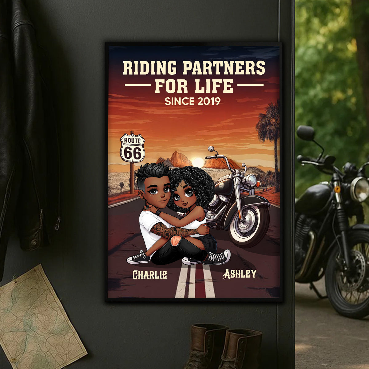 African American Biker Couple Riding Partners for Life Personalized Poster, Gift for him, Gift for her