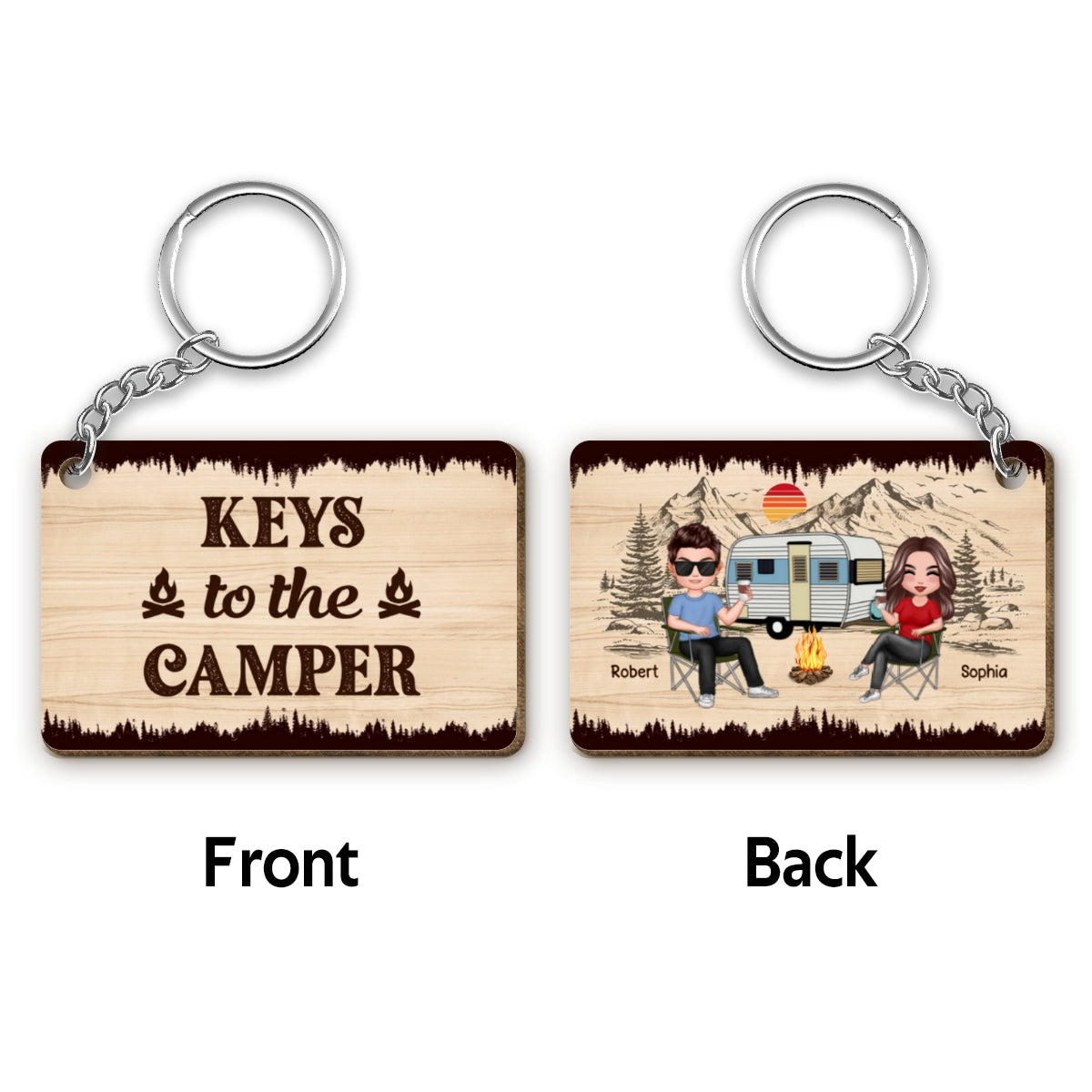 Doll Camping Couple Keys To The Camper Personalized Wooden Keychain