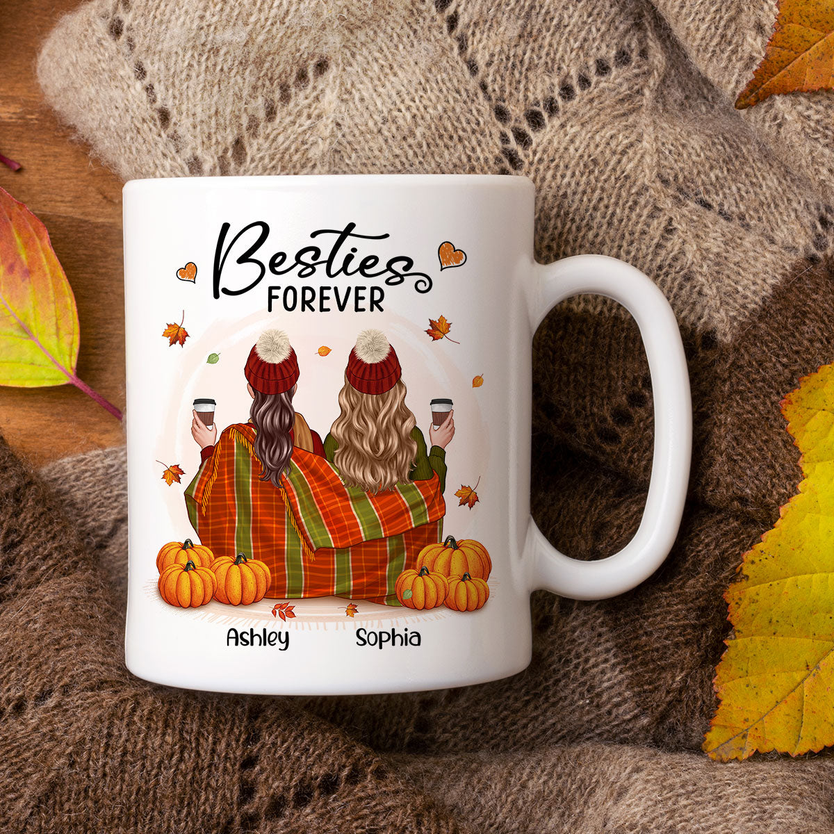 Fall Season Best Friends Sisters With Blanket Pumpkin Patch Personalized Mug