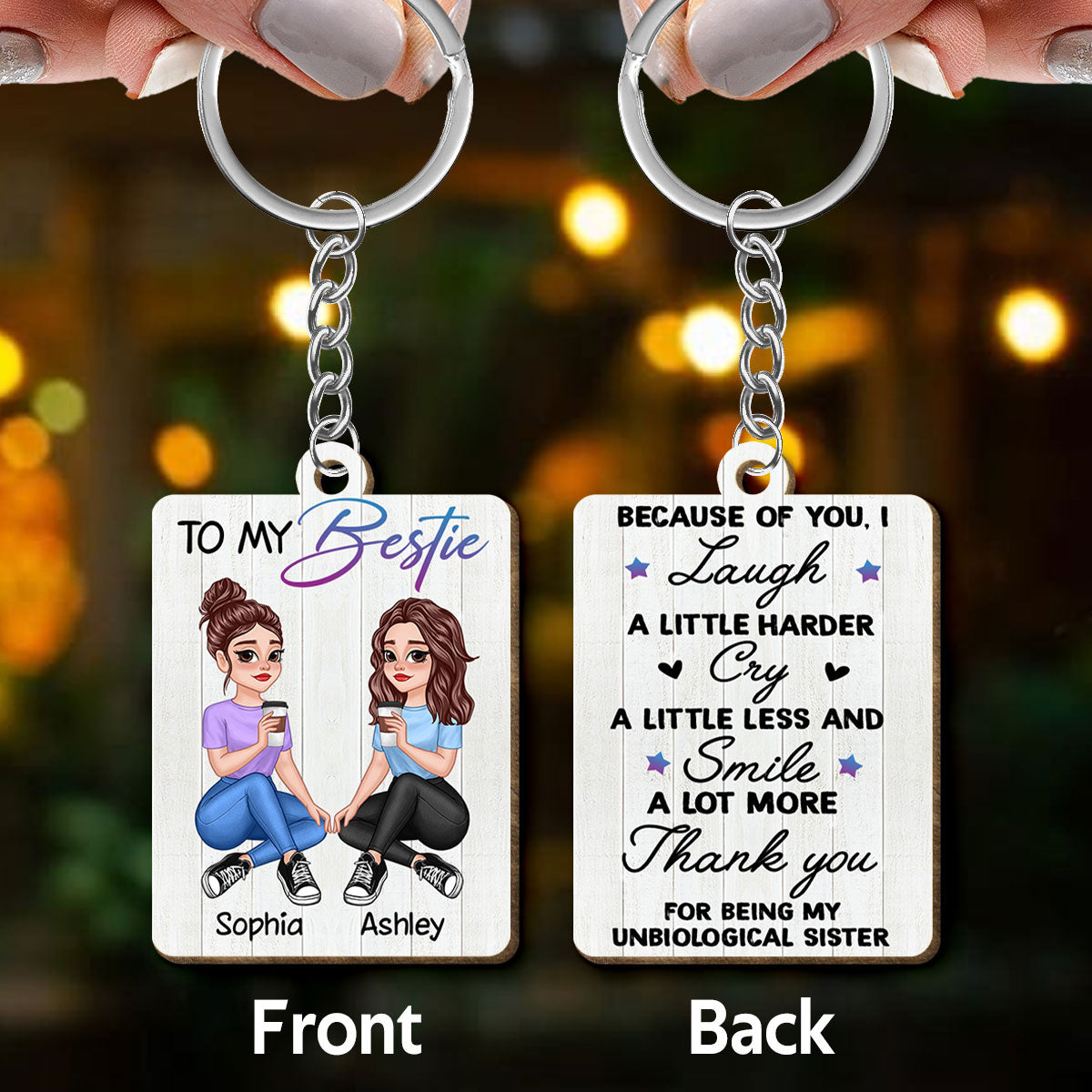 Pretty Cartoon Besties To My Bestie Personalized Wooden Keychain