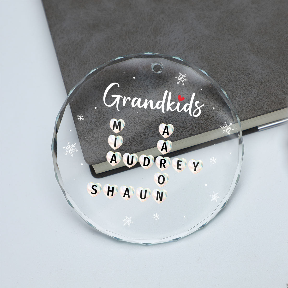 Grandkids Heart Crossword Art Puzzle Personalized Glass Ornament, Gift For Grandma Grandparents