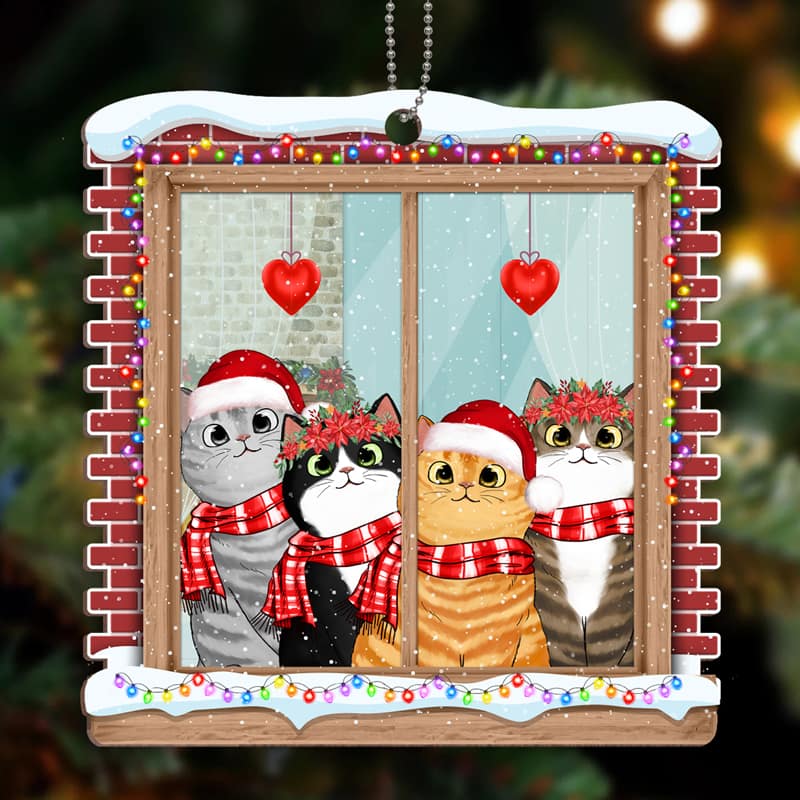 Cute Fluffy Cat Peeking By Window Personalized Wooden Ornament