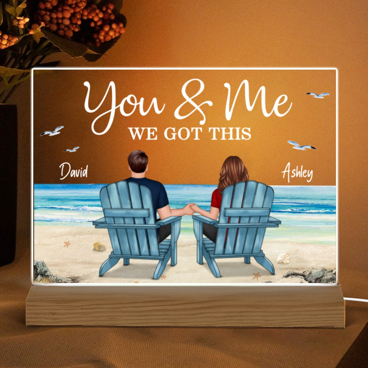 Back View Couple Sitting Beach Landscape Personalized Custom Shape Acrylic Plaque LED Night Light