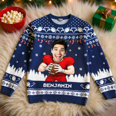 American Football Player Custom Face Photo Personalized Faux Knitting Christmas Ugly Sweater