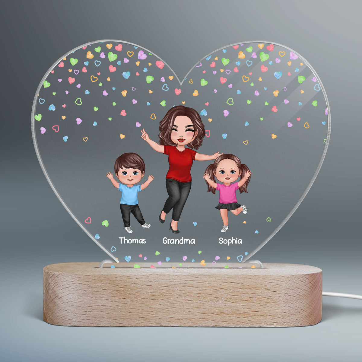 Colorful Flying Hearts Happy Doll Grandma Mom And Kids Personalized Heart Acrylic Plaque LED Night Light