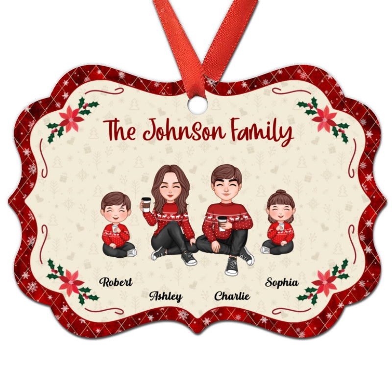 Cute Family Doll Mom Dad Kid Dog Cat Red Border Christmas Themed Personalized Christmas Ornament
