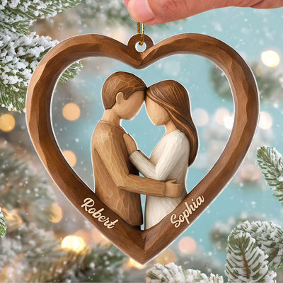 Couple Heart Love 3D Wooden Effect - Personalized Acrylic Ornament - Christmas Gift for Couples