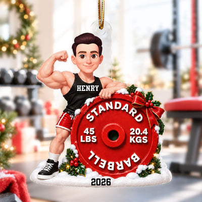 Gym Fitness Workout Weightlifting Body Building Man Woman Barbell - Personalized Acrylic Ornament - Christmas Gift For Him, For Her, For Gymers