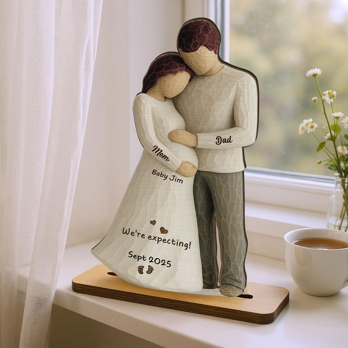 Waiting For You With All Our Hearts Couple Expecting Baby 3D Effect Personalized Standing Wooden Plaque, Baby Shower Gift For Parents-to-be