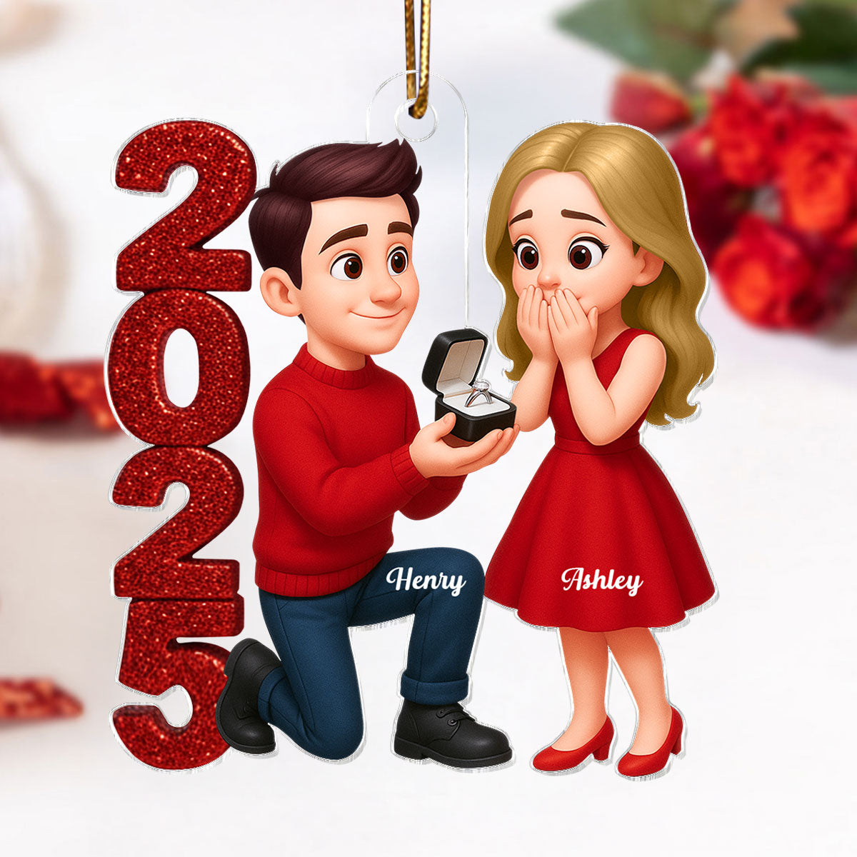3D Glitter Effect 2025 Marriage Proposal Couple - Personalized Acrylic Ornament - Newly Engaged Gift, "She Said Yes!" Ornament