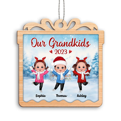 Our Grandkids Happy Kids In Snow Personalized Gift Box Shaped Wooden Ornament