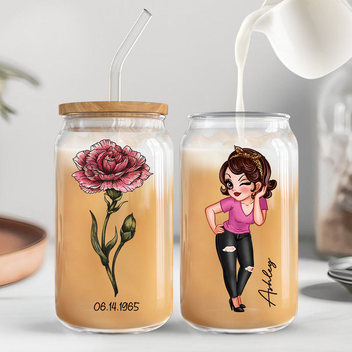 Vintage Birth Flower With Name & Birth Day Gift For Mom Grandma Pretty Woman Personalized Clear Glass Can