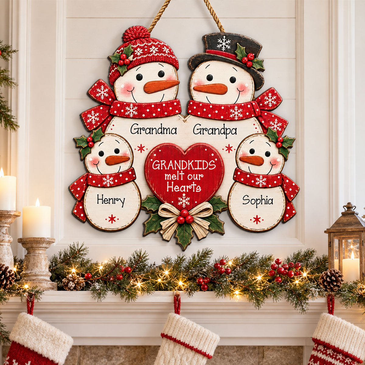 Merry Christmas Grandpa Grandma Grandkids Snowman - Personalized Wood Sign - Christmas Decor, Door Sign For Grandparents