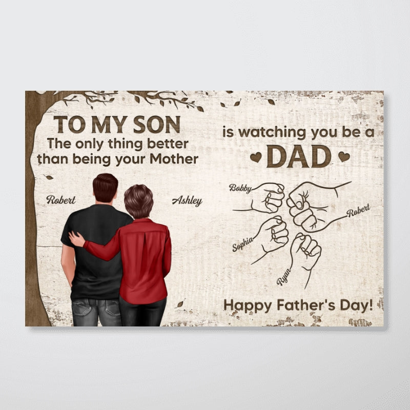 From Mom Dad To Son Watching You Be A Dad Fist Bumps Under Tree Personalized Poster, Gift For Son