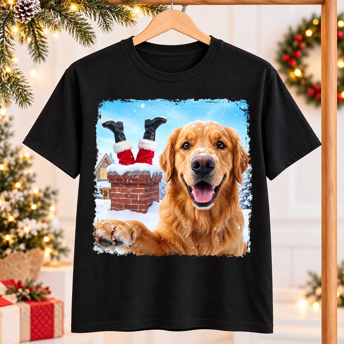 Pet Caught Santa Stuck In Chimney Upload Pet Photo - Personalized Shirt - Funny Gift For Dog Lovers