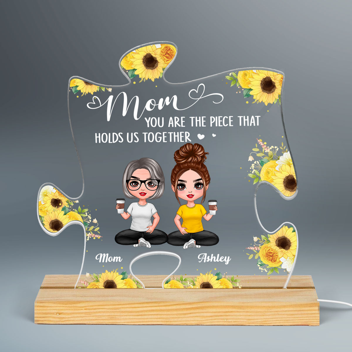Doll Mom And Daughters Sons Sitting You Are The Piece Holds Us Together Personalized Custom Shape Acrylic Plaque LED Night Light