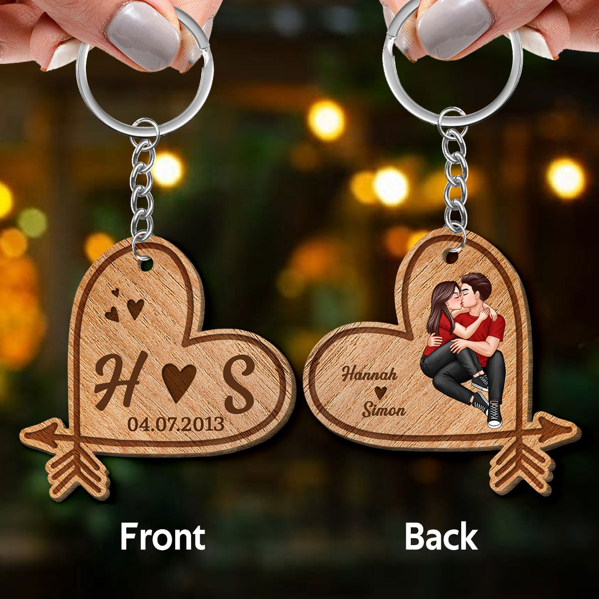 Doll Couple Sitting Kissing Heart Arrow Personalized Wooden Keychain