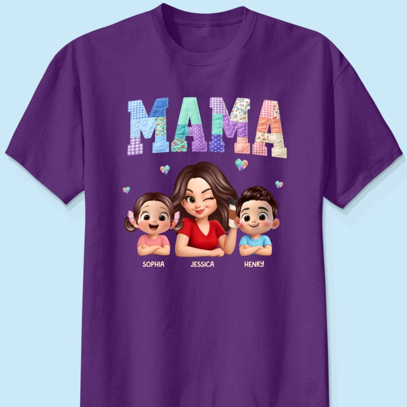 Patchwork Floral Mama Faux Embroidered - Personalized Shirt - Gift for Mom