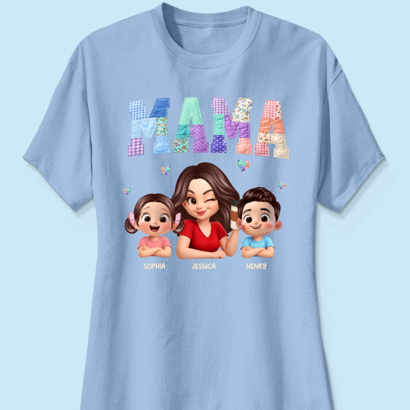 Patchwork Floral Mama Faux Embroidered - Personalized Shirt - Gift for Mom