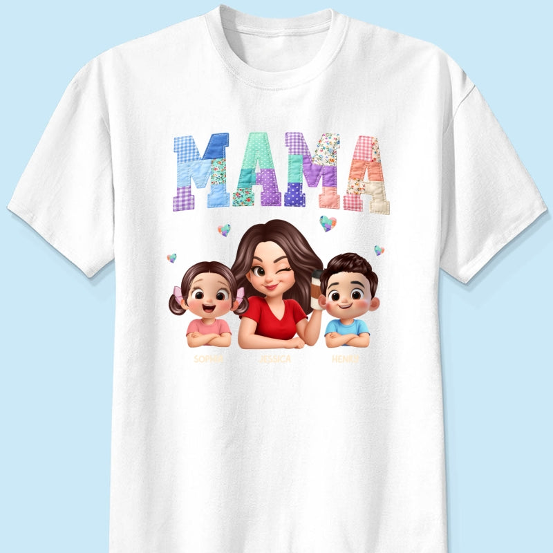 Patchwork Floral Mama Faux Embroidered - Personalized Shirt - Gift for Mom
