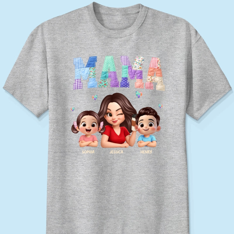 Patchwork Floral Mama Faux Embroidered - Personalized Shirt - Gift for Mom